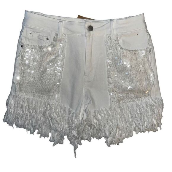 Sequined frayed white shorts NWT 10 - Picture 1 of 6